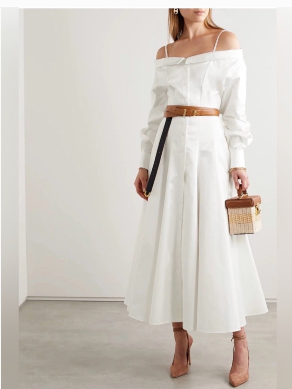 NWT Brandon Maxwell Off-Shoulder White Sz 6 Long Sleeve Cotton Midi Shirtdress - Picture 9 of 9
